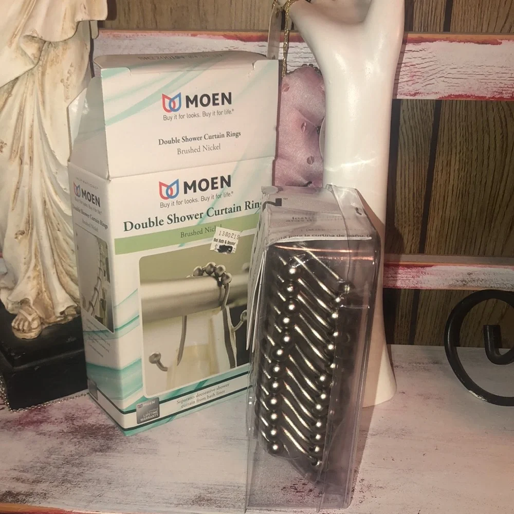New In Box “MOEN” Double Shower Curtain Rings-Brushed Nickel